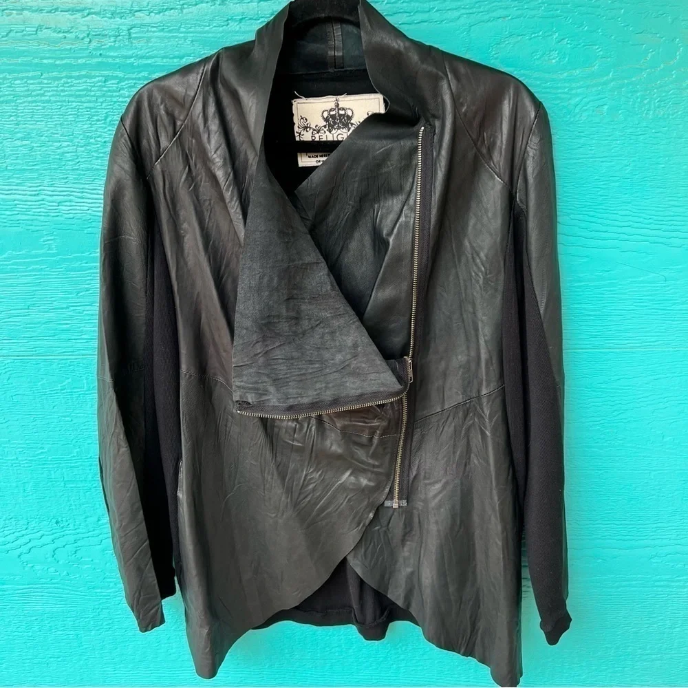 LEATHER RELIGION GOTH LIGHT PAPER DRAPED MOTO JACKET SIZE 12 BLACK